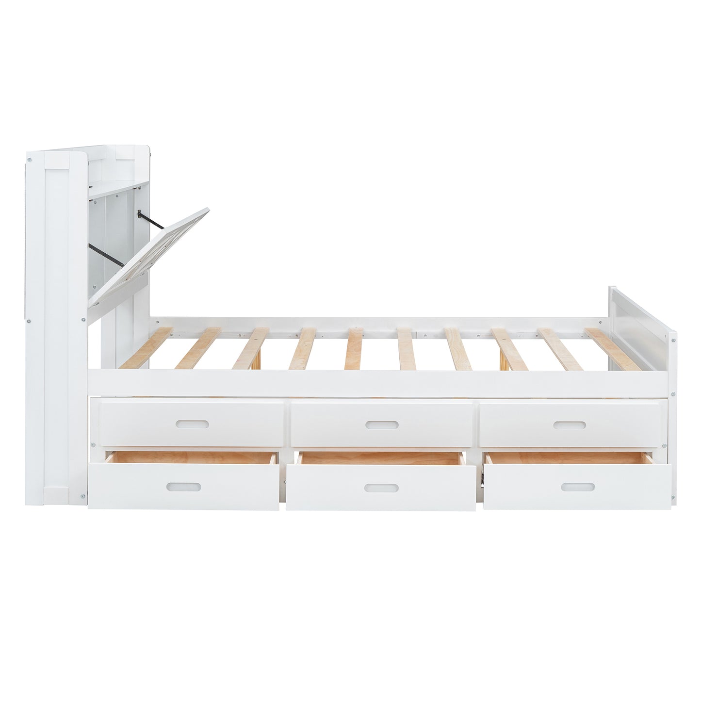 Full Size Wooden Bed with Storage Headboard with Outlets, Extendable Bed with Twin Size Trundle with Three Storage Drawers,White