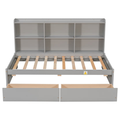 Twin Bed with Side Bookcase, Drawers ,Grey