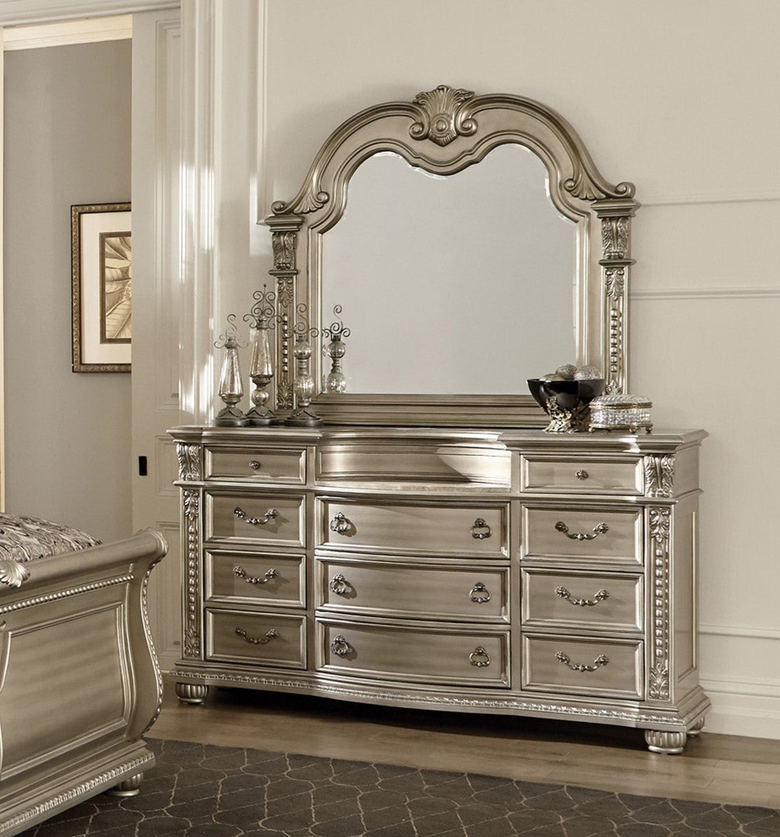 Silver Finish European Design 1pc Luxury Dresser with 11 Drawers Genuine Marble Insert Traditional Bedroom Furniture