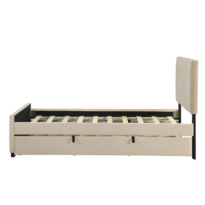 Twin Size Velvet Upholstered Platform Bed with Twin Size Trundle, Beige