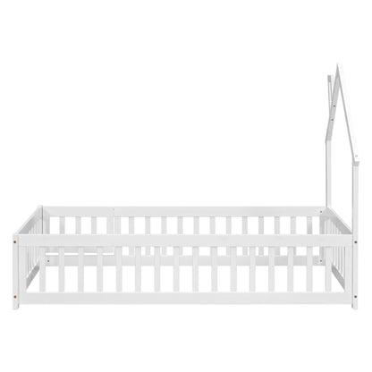 Twin House-Shaped Headboard Floor Bed with Fence,White