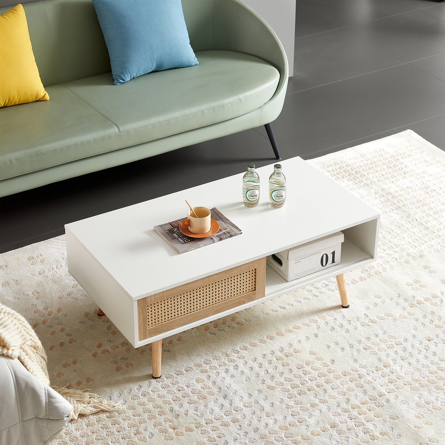 41.34" Rattan Coffee table, sliding door for storage, solid wood legs, Modern table  for living room ,White