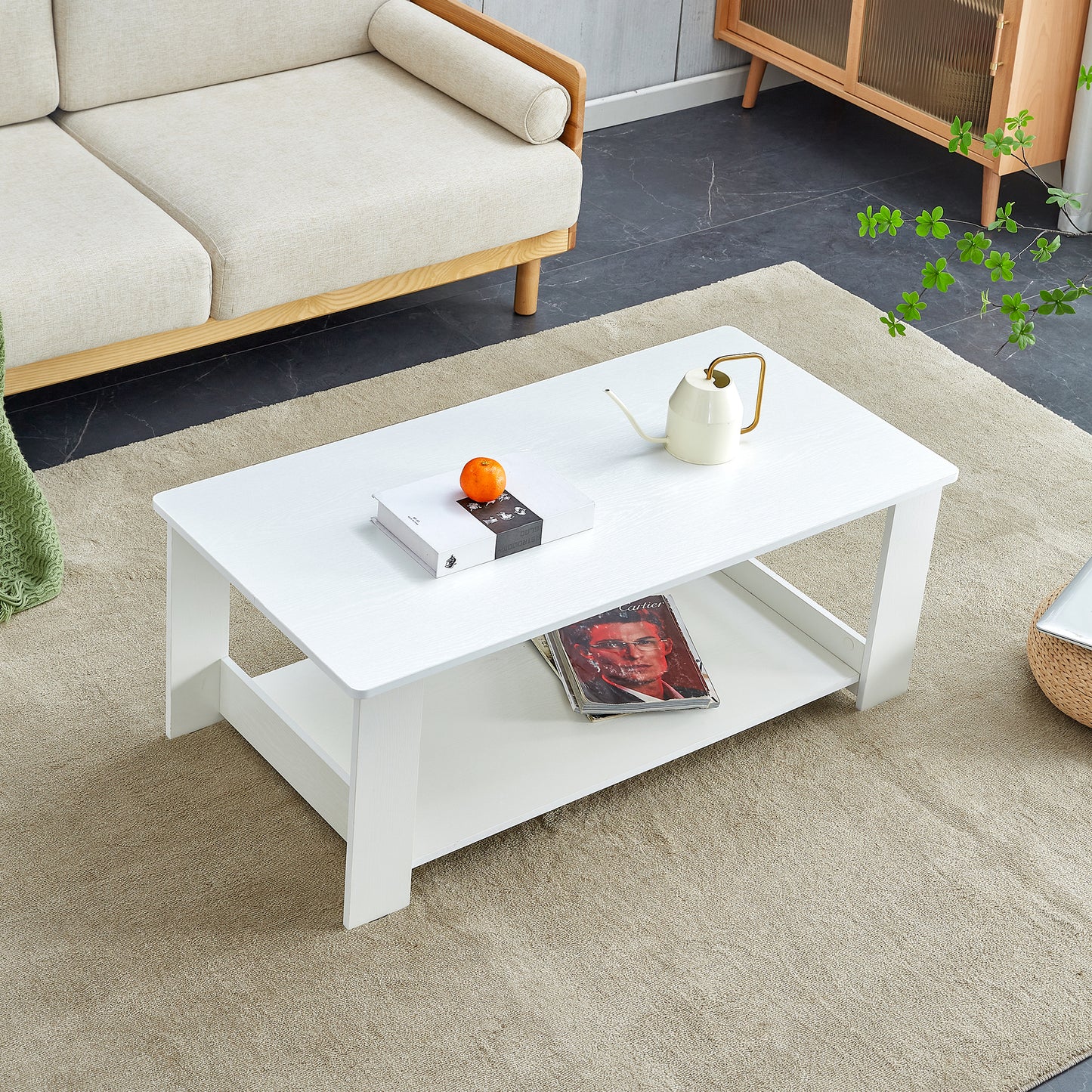 A modern and practical white coffee table. The double layered coffee table is made of MDF material,. Suitable for living room, bedroom, and study.CT-16