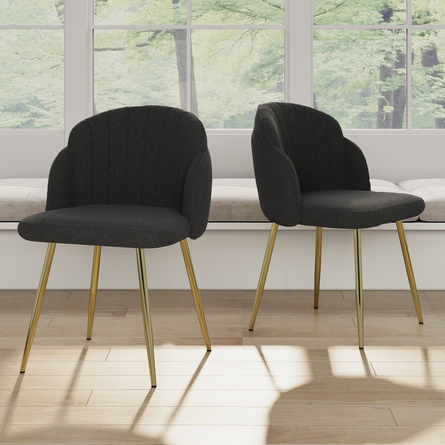 Modern simple black teddy fleece dining chair Fabric Upholstered Chairs home bedroom stool back dressing chair gold metal legs(set of 2)