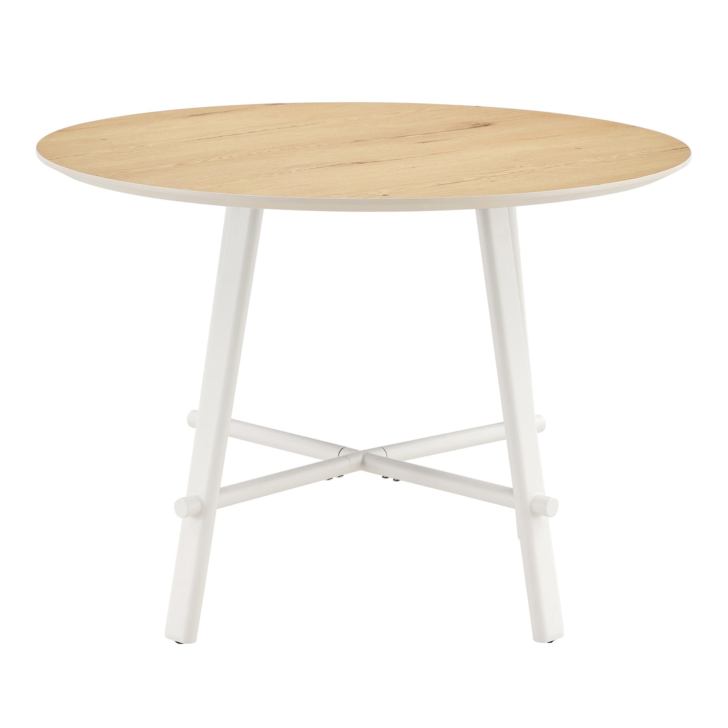 A modern and minimalist circular dining table with a 42 inch diameter wood colorer patterned tabletop and white metal legs. Suitable for restaurants, living rooms, and conference rooms.