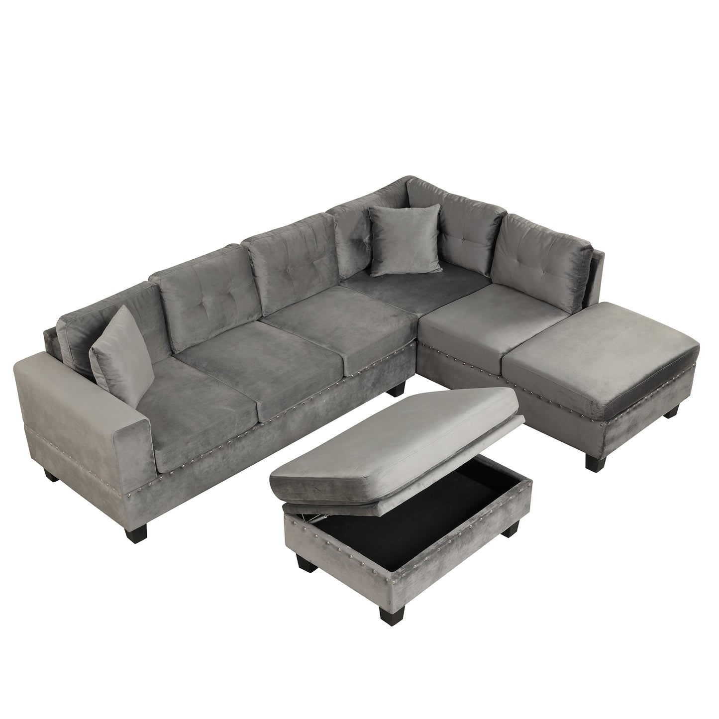 105" Modern Sectional Sofa with Storage Ottoman, L-Shape Couch with 2 Pillows and Cup Holder,Sectional Sofa with Reversible Chaise for Living Room,Gray