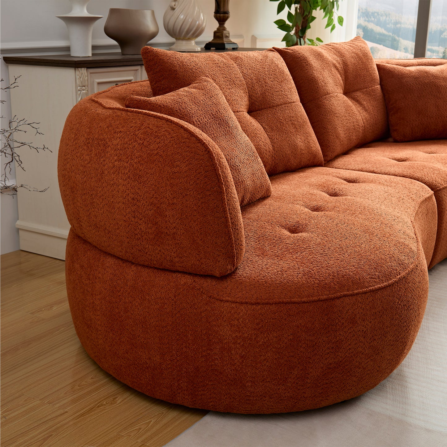 WKS7C Orange sectional sofa with removable pillows, durable fabric, solid wood frame, high density sponge filler