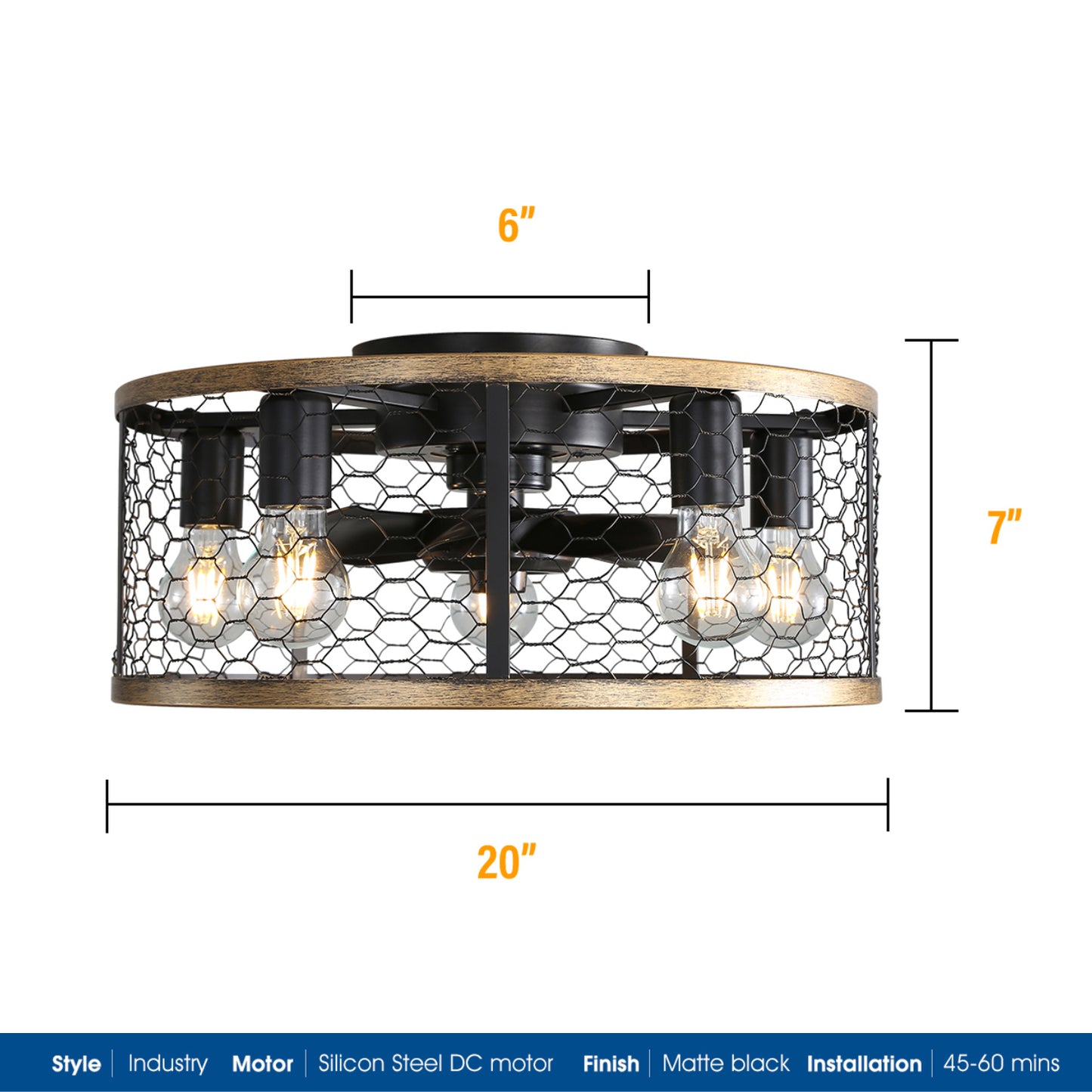 20 Inch Indoor Caged Ceiling Fan with Light Remote Control LED Bulb Ceiling Fan