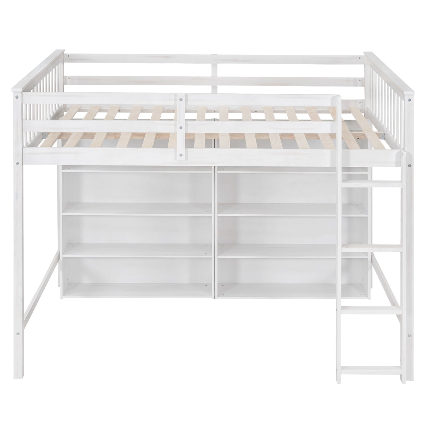 Antique White Full Size Loft Bed with 8 Open Storage Shelves and Built-in Ladder, Pine Wood + MDF