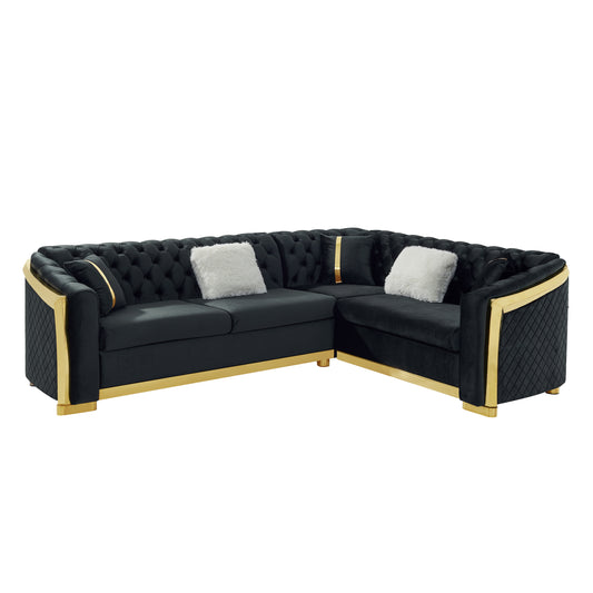 106 Inches L-Shaped Chesterfield Sectional Sofa with Gold Stainless Steel Accents, Velvet Button Tufted Sofa with 5 Pillows Luxury Couch for Living Room, Black
