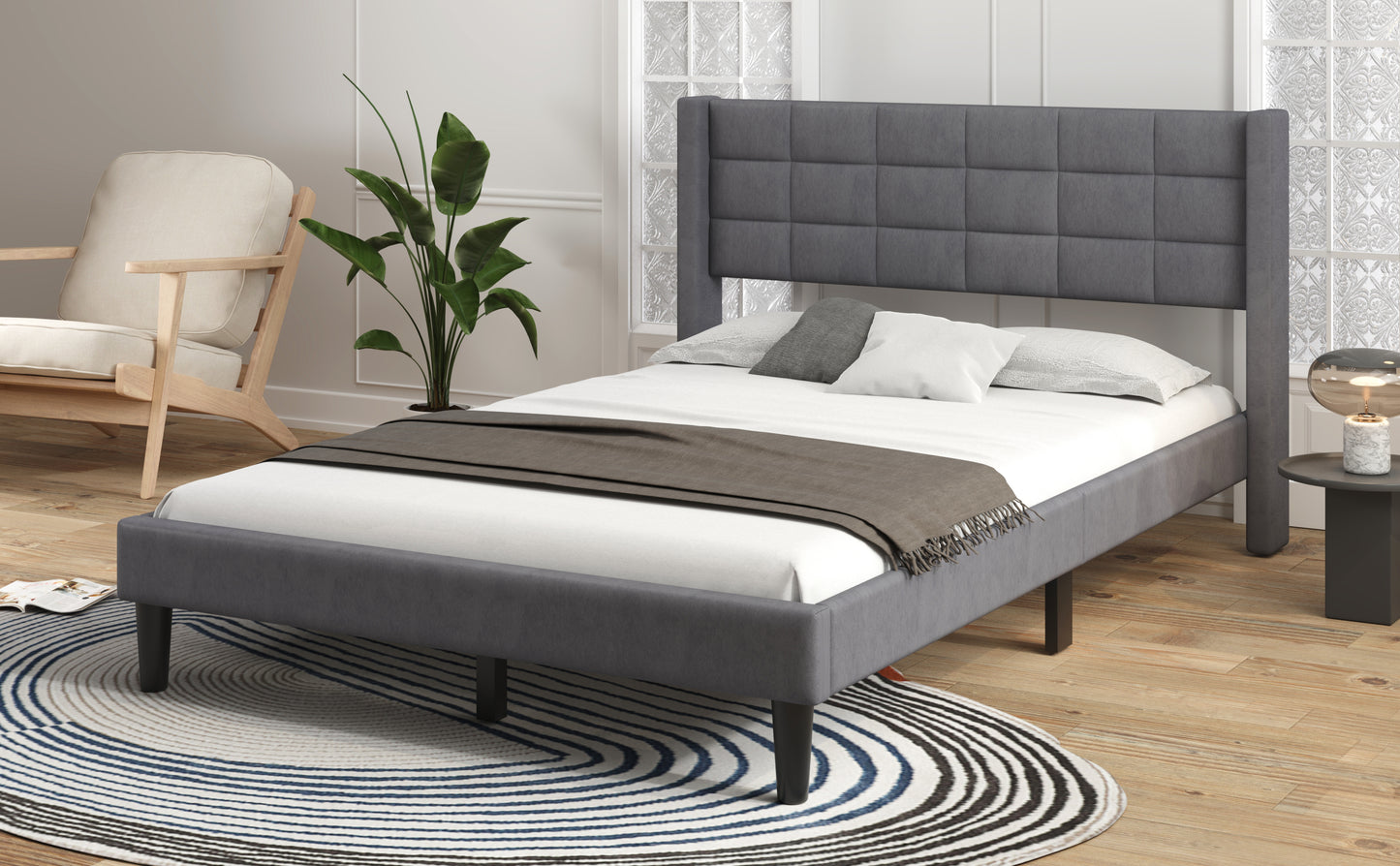 Queen Size Upholstered Platform Bed with Support Legs, Gray