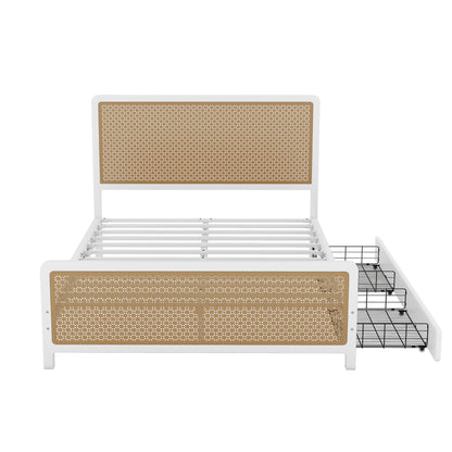 Queen Size Metal Platform Bed with 2 Drawers, White