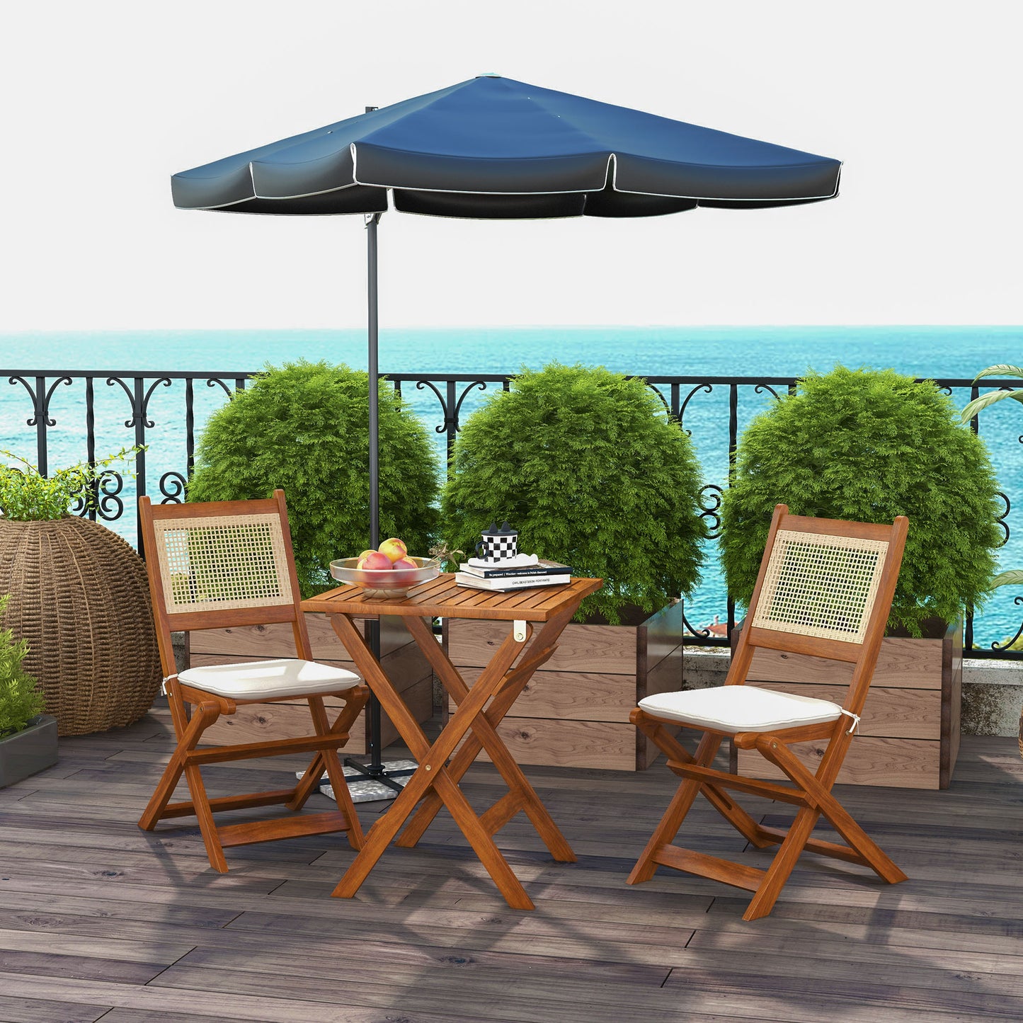 Outsunny 3 Pieces Patio Bistro Set Foldable Wooden PE Rattan Conversation Furniture Outdoor with Cushions, for Porch, Backyard, Garden, Light Teak