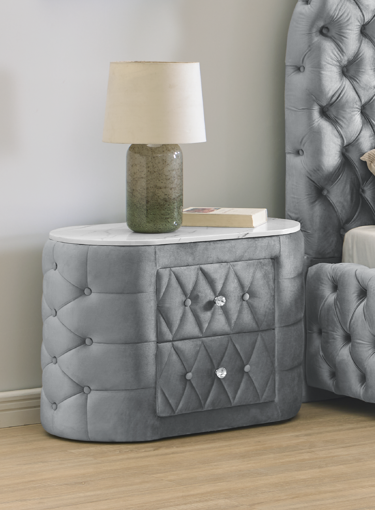 1pc Oval Faux Marble Top Nightstand 2- Drawers Storage Gray Finish Button Tufted Faux Crystal Tufted