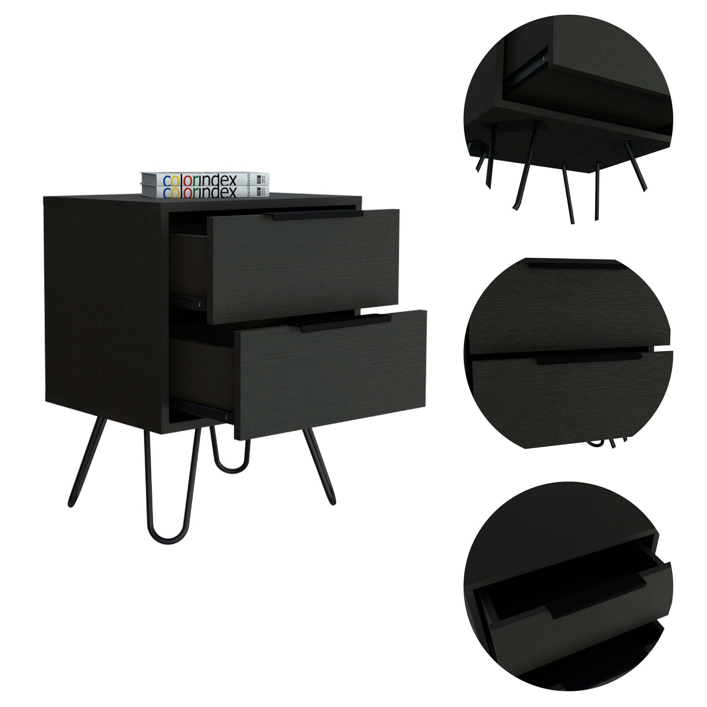 Nuvo Nightstand,Two Drawers, Hairpin Legs