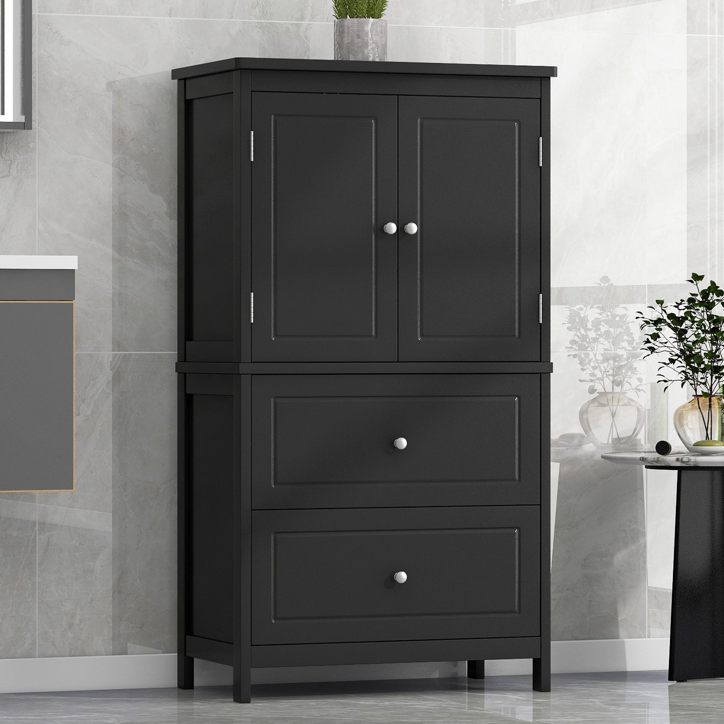 Bathroom Storage Cabinet, Cabinet with Two Doors and Drawers, Adjustable Shelf, MDF Board, Black