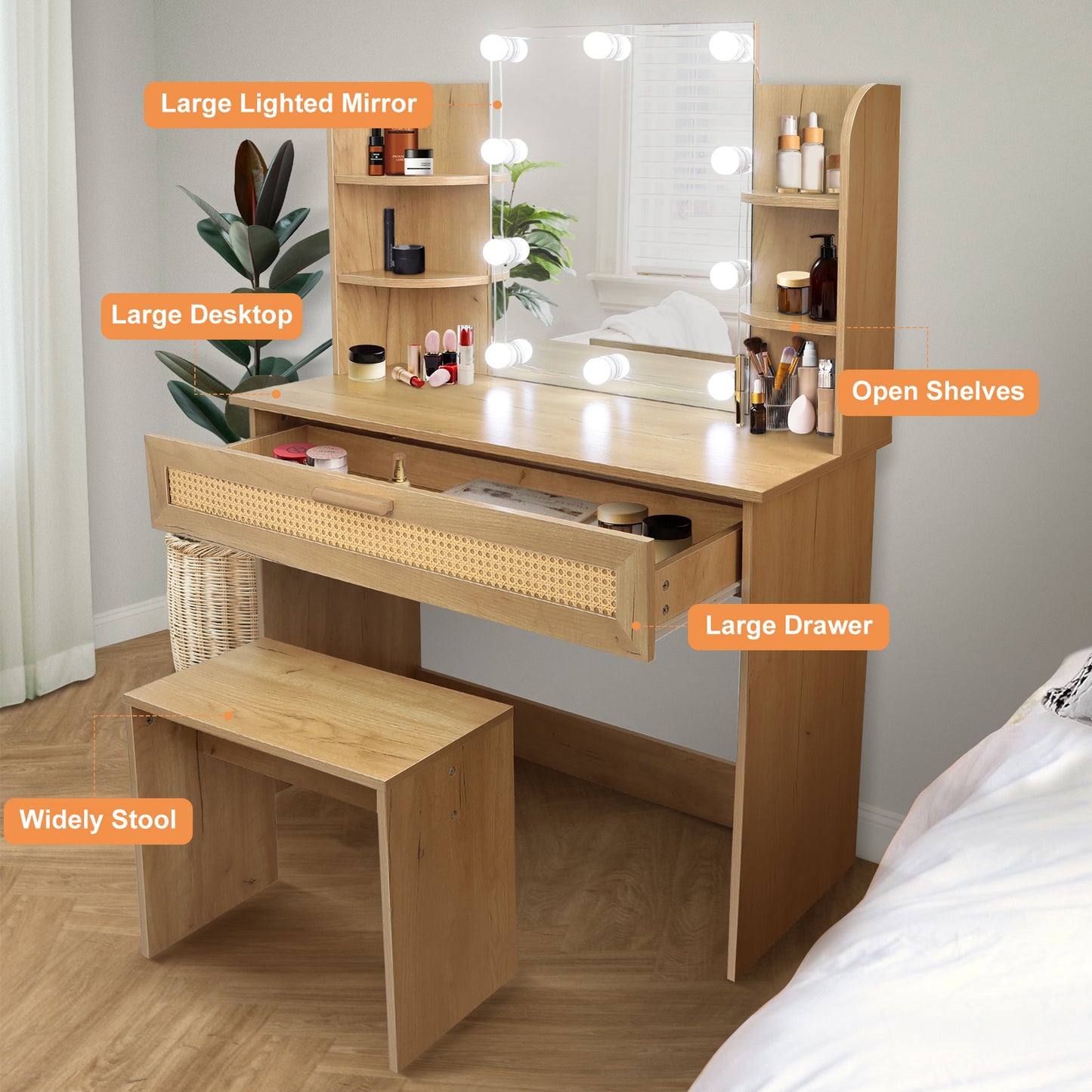 Vanity Desk Set Stool & Dressing Table with LED Lighting Mirror Drawer and Compartments Modern Wood Cosmetic Table Chest of Drawers Nature Color