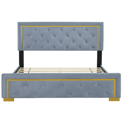 Queen Size Upholstered Platform Bed With Pull Point Headboard And Metal Wire Frame At The Head And Foot Of The Bed, Metal Feet, Velvet, Gray