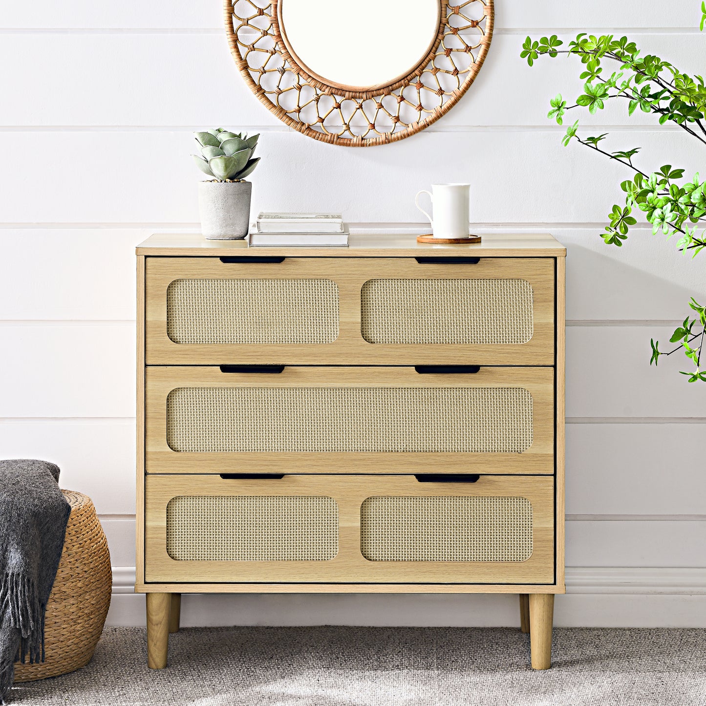 3 drawer dresser, modern rattan dresser cabinet with wide drawers and metal handles, farmhouse wooden storage chest of drawers for room, living room, hallway, entrance, office