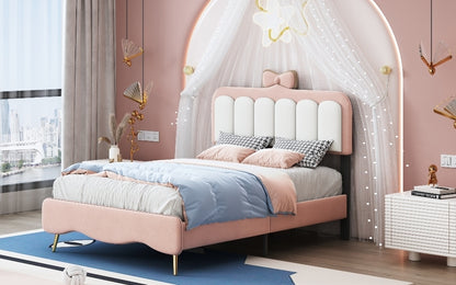 Twin size Velvet Princess Bed With Bow-Knot Headboard,Twin Size Platform Bed with Headboard and Footboard,White+Pink