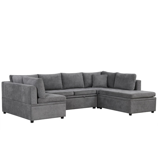 Oversized Sectional Sofa U-shaped Couch Pull-out Sofa Bed with Two Throw Pillows Gray Chenille 117.3'
