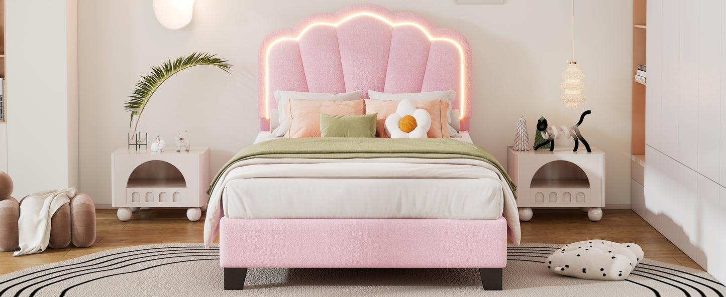 Twin Size Upholstered Flower-Shape Bed, Elegant Flowers Headboard with LED Light Strip ,Sherpa Fabric Platform Bed with Wooden Slats Support, Pink