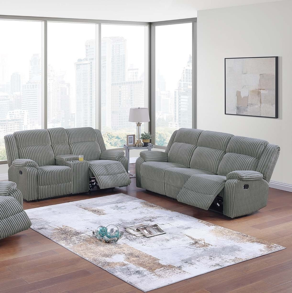 Motion Sofa And Loveseat w Console Smoke Fur Like Corduroy 2pc Reclining Sofa Set Living Room