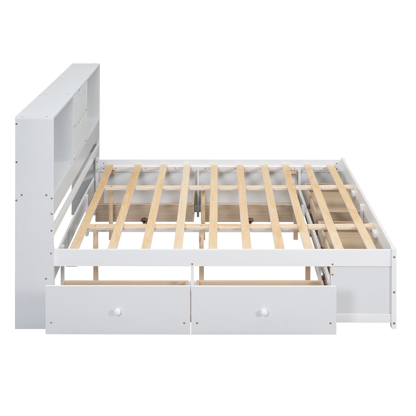 King Size Platform Bed with Storage Headboard and 8 Drawers, White