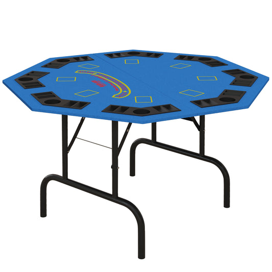 Soozier Poker Table Foldable 47" Octagon Casino Table Blackjack Texas Holdem Poker Table for 8 Players with Chips Tray and Cup Holders, Blue