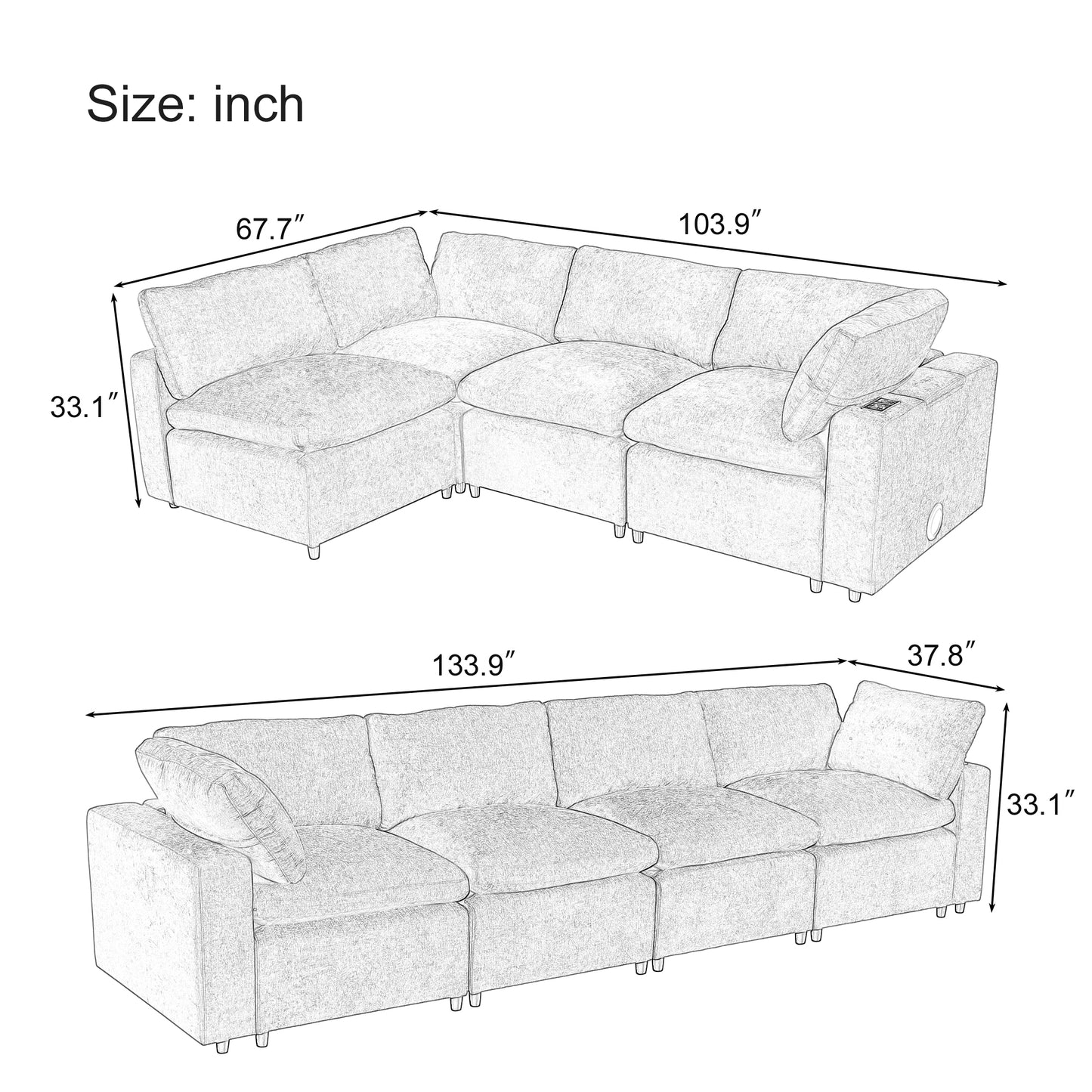 U-style Upholstered Modular Sofa with  with Storage Space, USB Charge Ports,Wireless Charging and Built-in Bluetooth Speaker in Arm,Sectional sofa for Living Room Apartment.[old sku:WY000317AAA]