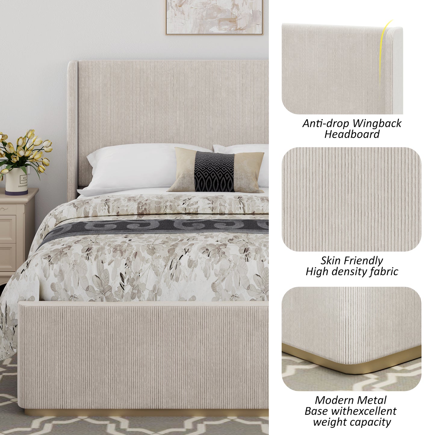 Queen Size Corduroy Upholstered Bed Frame with Vertical Stripe Wingback Headboard and High Footboard, Light Grey