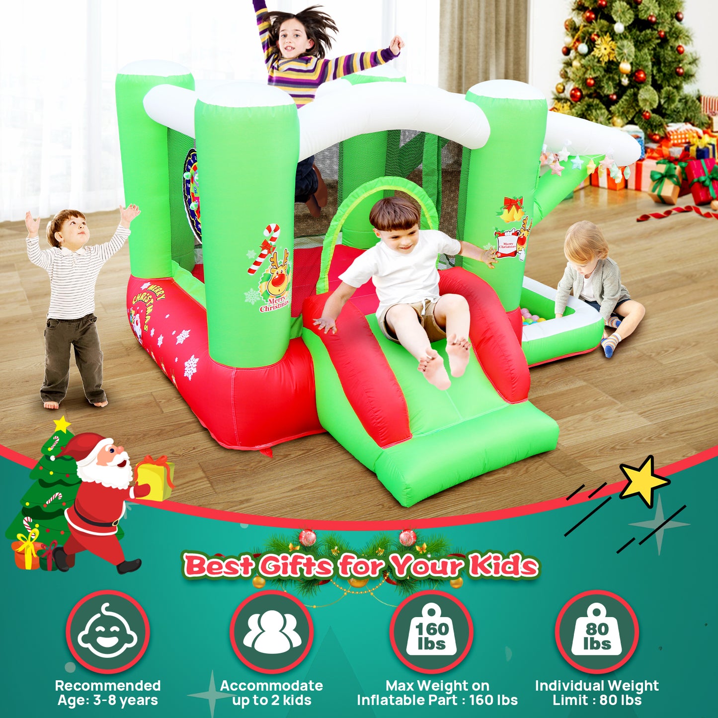 Christmas Jump 'n Slide Inflatable Bouncer for Kids Complete Setup with Blower - 80" x 91" Play Area - 55" Tall