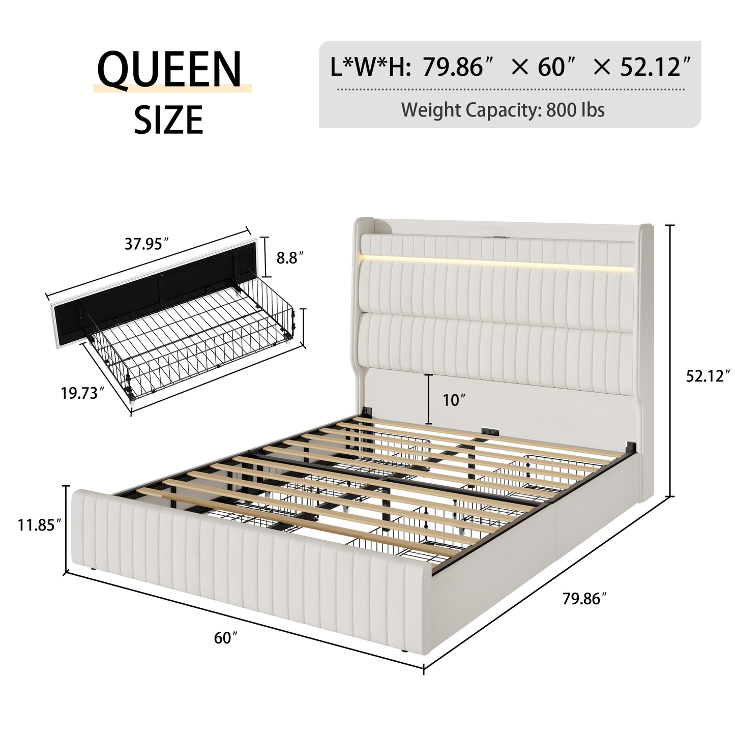 Queen Bed Frame with Storage Upholstered Headboard and 4 Drawers, Velvet Upholstered Platform Bed with LED Lights & Charging Station, Stable & Easy Assembly, No Box Spring Needed, Beige