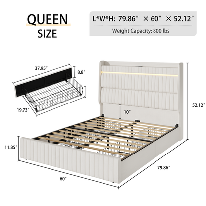 Queen Bed Frame with Storage Upholstered Headboard and 4 Drawers, Velvet Upholstered Platform Bed with LED Lights & Charging Station, Stable & Easy Assembly, No Box Spring Needed, Beige