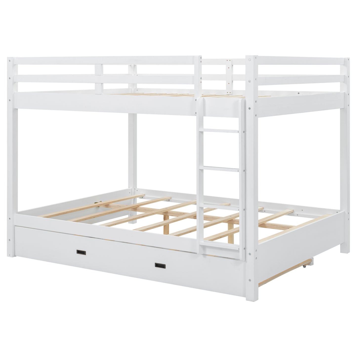 White Wood Queen Size Bunk Bed with Ladder and Twin XL Trundle, Pine Wood+MDF