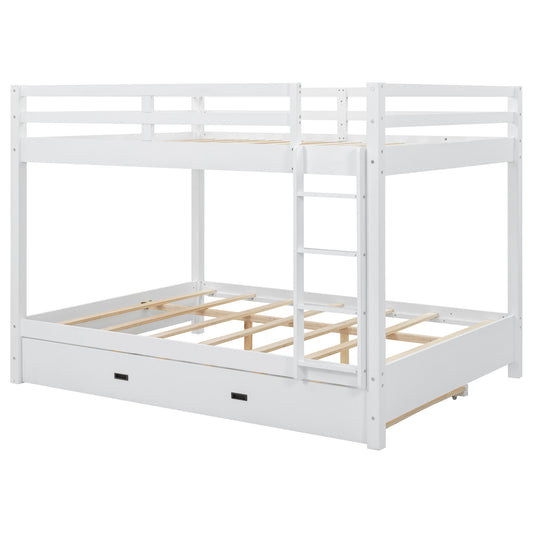 White Wood Queen Size Bunk Bed with Ladder and Twin XL Trundle, Pine Wood+MDF