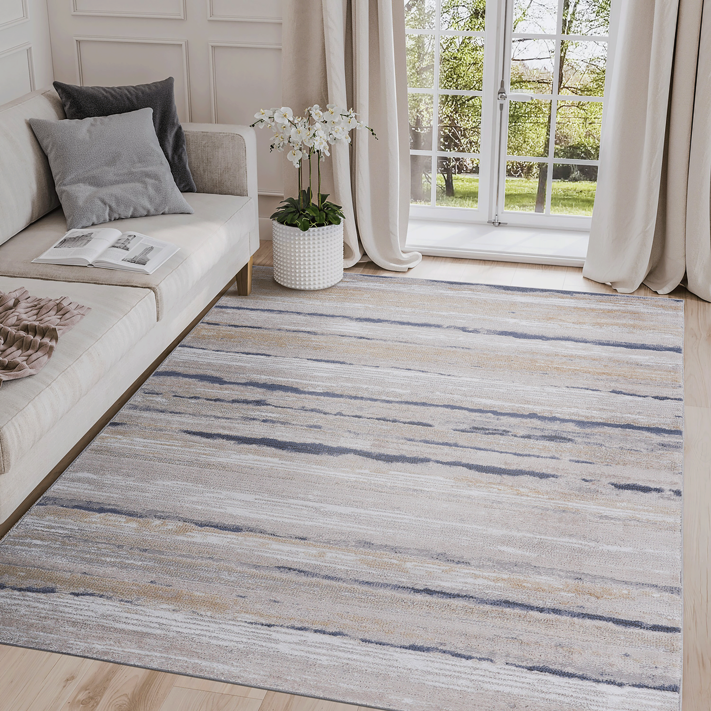 LOOM & LUXE Collection 5X7 Ivory/Blue /Striped Non-Shedding Living Room Bedroom Dining Home Office Stylish and Stain Resistant Area Rug