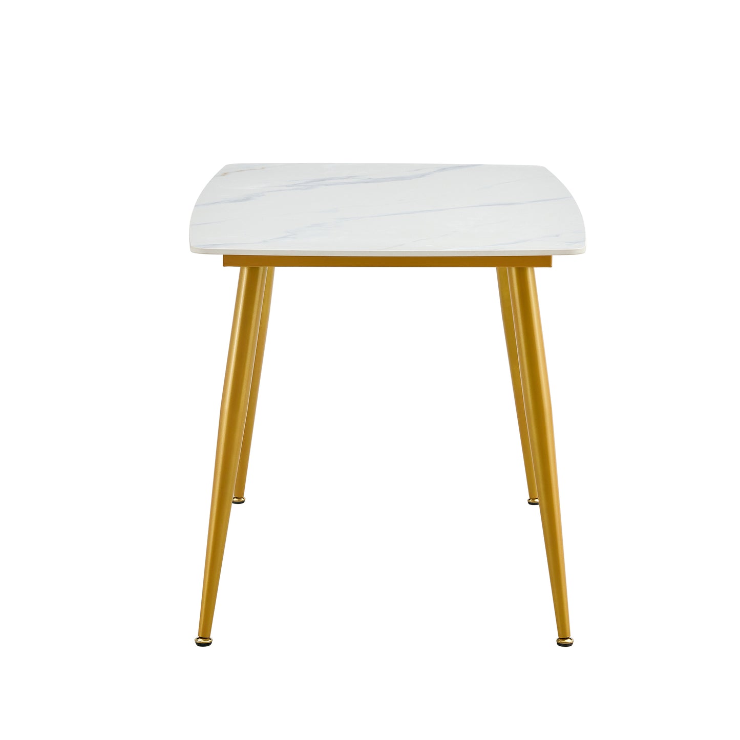 Modern minimalist dining table. White imitation marble patterned stone burning tabletop with golden metal legs. 50 "* 30" * 30 "F-001