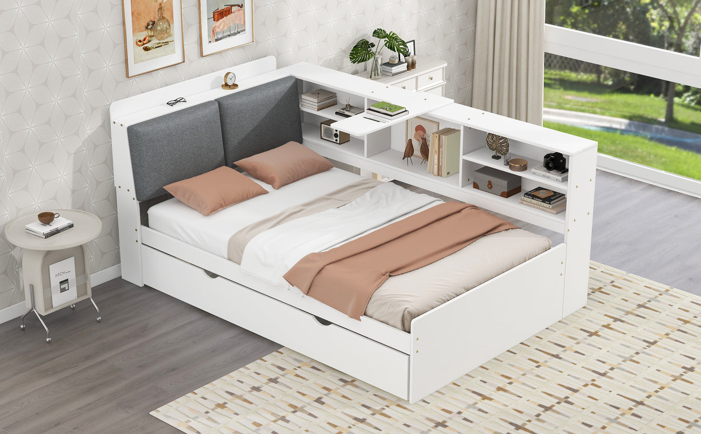 Wood Twin Size platform bed with Trundle, Shelves and Storage Headboard, White