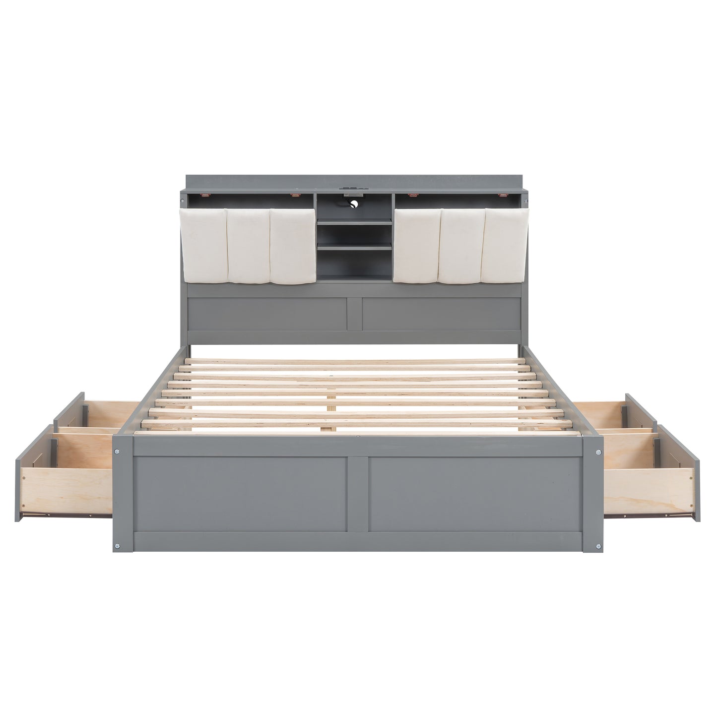 Wood Full Size Platform Bed with Storage Headboard and 4 Drawers, Gray