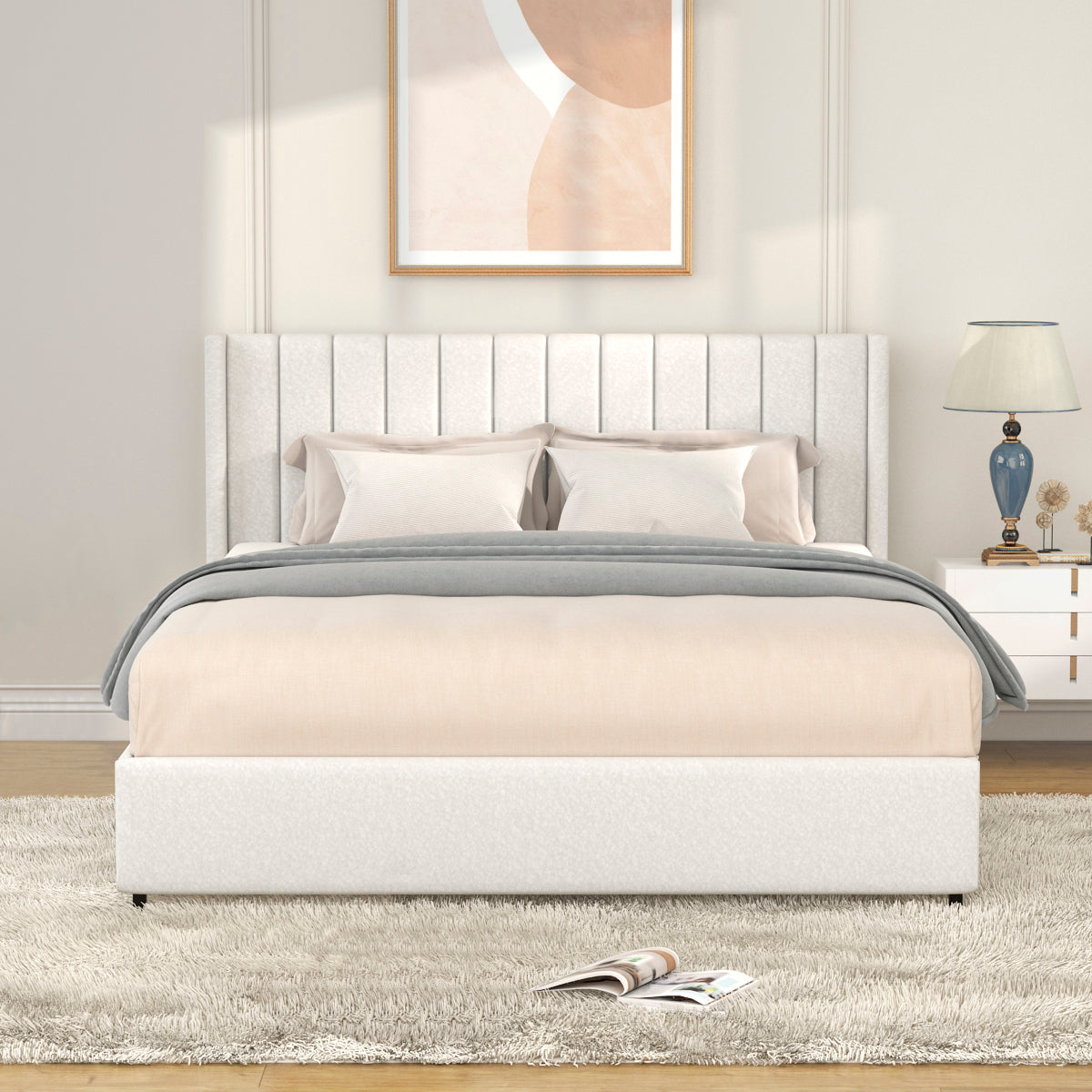 Same as B083P156197 Anda Patented 2-Drawers Storage Bed Queen Size Ivory Boucle Upholstered Platform Bed, Tufted Headboard, Wooden Slat Mattress Support, No Box Spring Needed