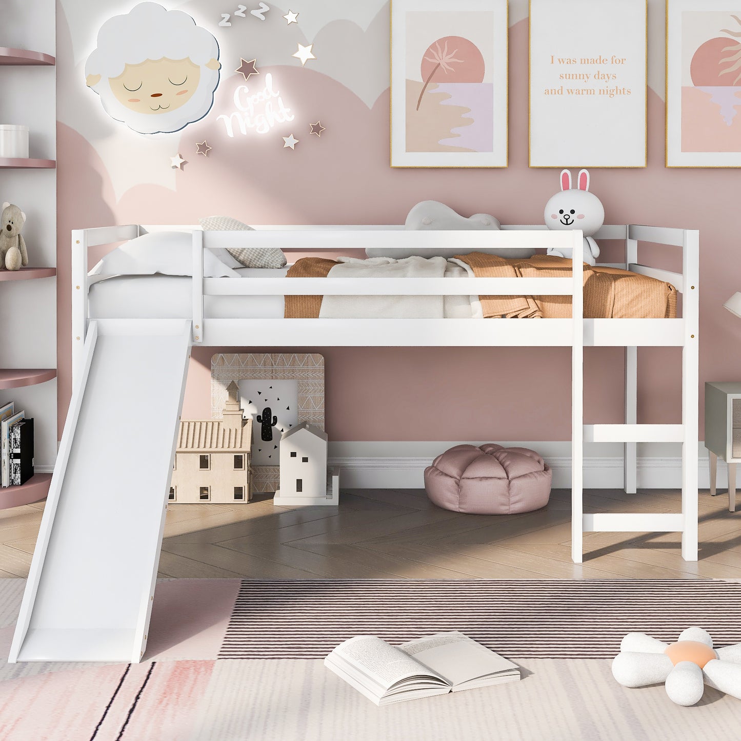 Loft Bed with Slide, Multifunctional Design, Twin (White)(OLD SKU: WF191904AAK)