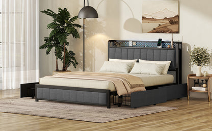 Queen Bed Frame with LED Headboard, Upholstered Bed with 4 Storage Drawers and USB Ports, Dark Grey