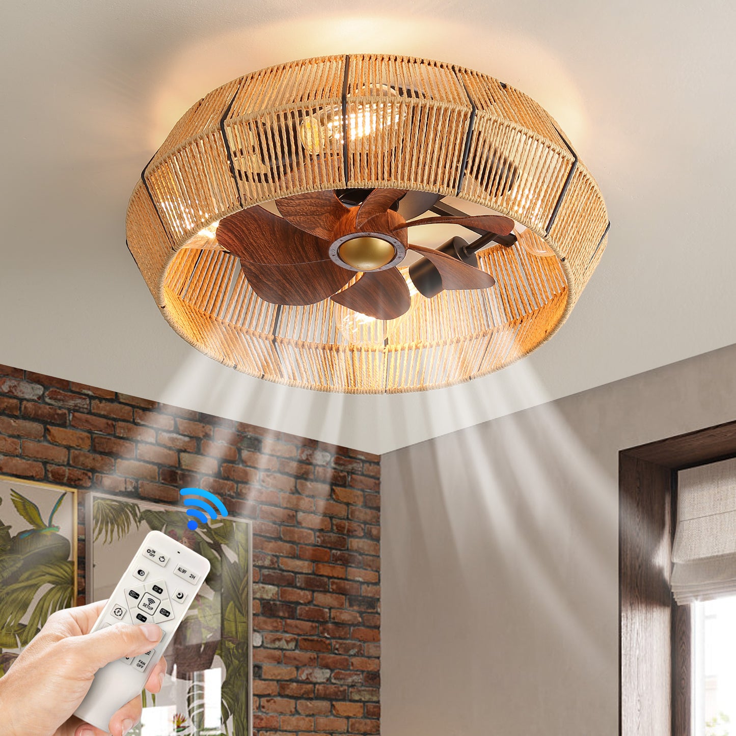 Caged Ceiling Fans with Lights Remote Control for Bedroom, Kitchen, Dining Room