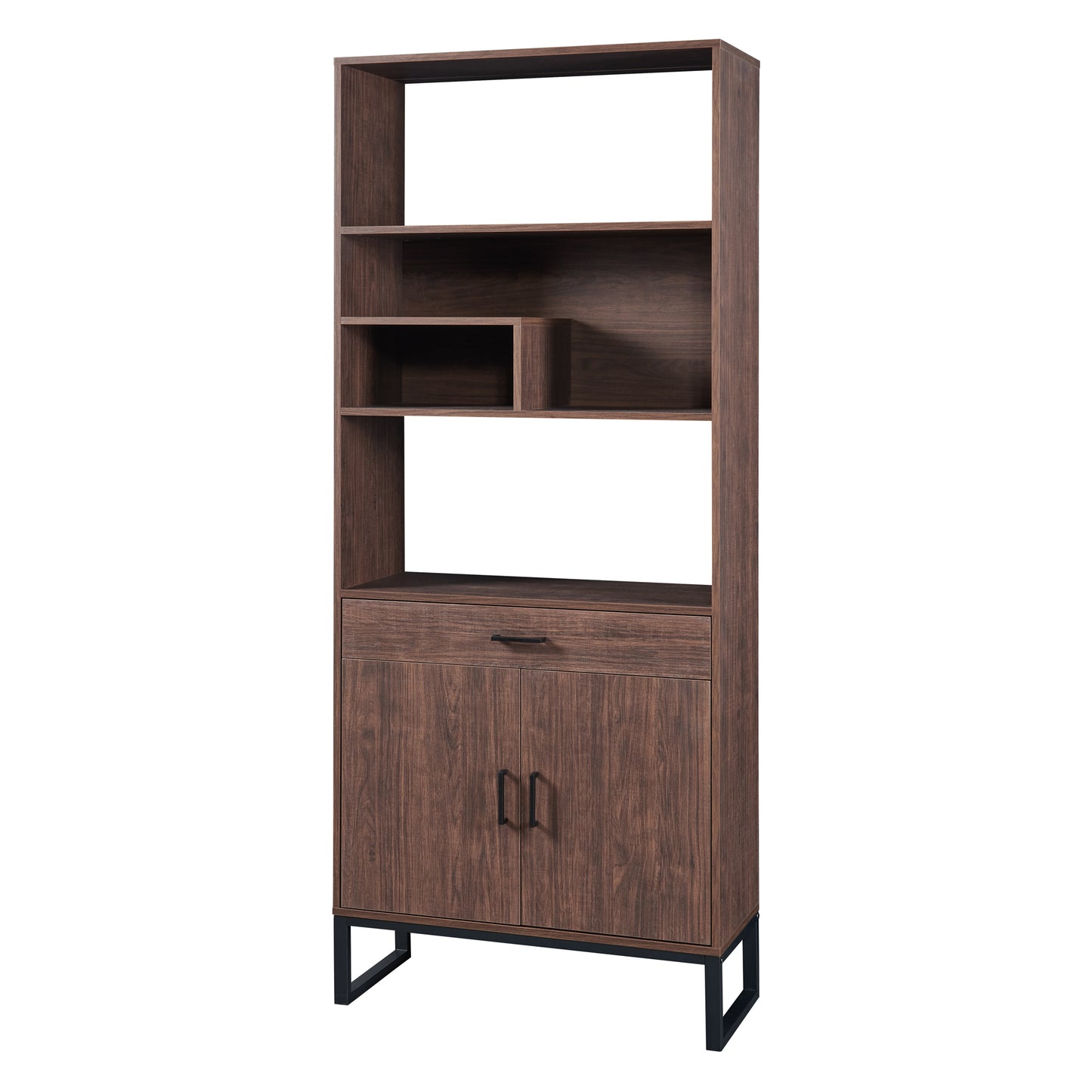 75.9"Modern Open Bookshelf with Doors, Bookcase with Storage drawer and LED Strip Lights,Free Standing Display Rack,Wooden Tall Bookshelf for Living Room and Office, Walnut