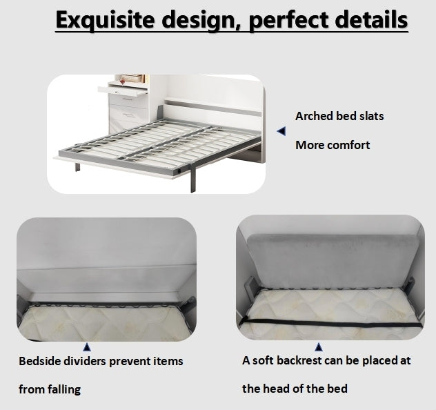 Full Size Vertical Murphy Bed with Shelf and Drawers for Bedroom or Guestroom White Wall Bed Space Saving Hidden Bed, updated Gas Strut design.