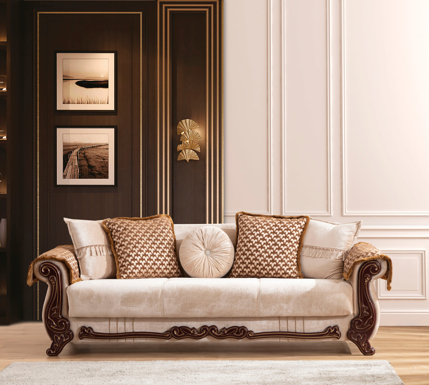 Traditional Style Sofa Finished With Chenille Upholstery made with wood in Beige Color