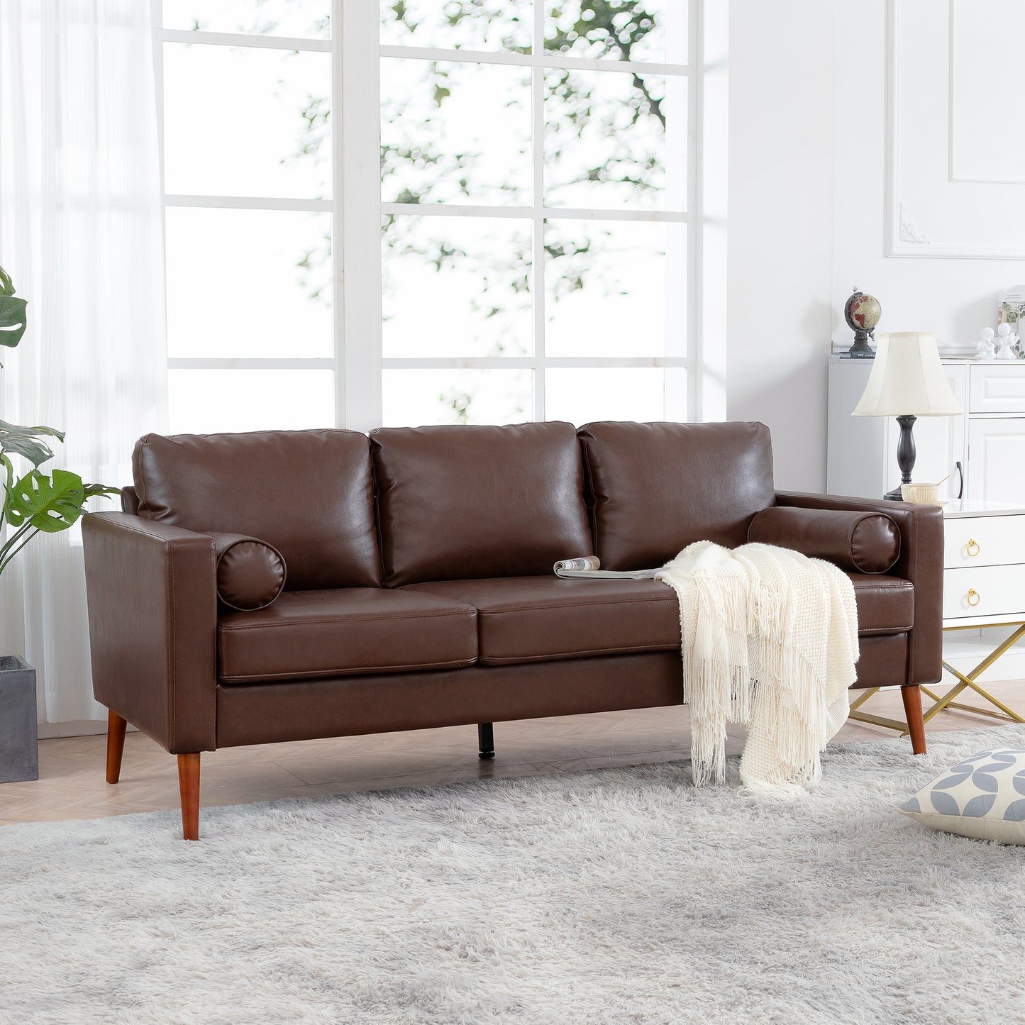 Small Sofa Couch 76.97 in . Brown 3 Seat Comfy Couches for Living Room, Mid Century Modern Couch with iron wood structure , Soft Cushion Sofa for Home/Office/Apartment,