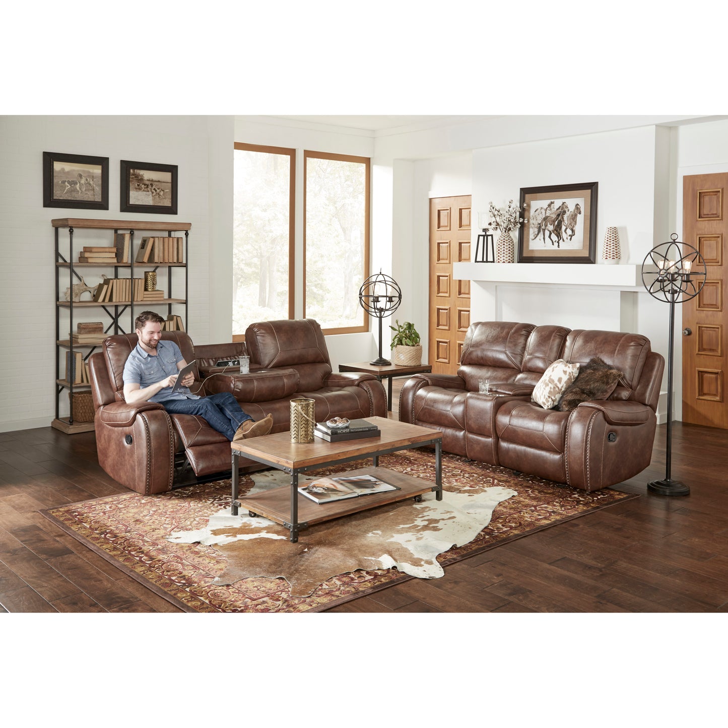 Achern Brown Leather-Air Nailhead Manual Reclining Sofa with Storage Console and USB Port