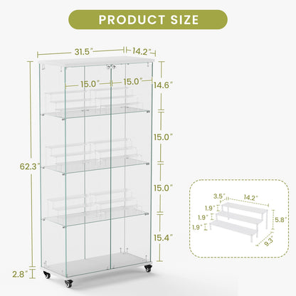 4 Tier Glass Display Cabinet, Double Door Glass Cabinet with Two Locks, Floor Standing Storage Cabinet with 6 Acrylic Shelves for Living Room, Bedroom and Office, White, 31.5"L x 14.2"W x 65.1"H